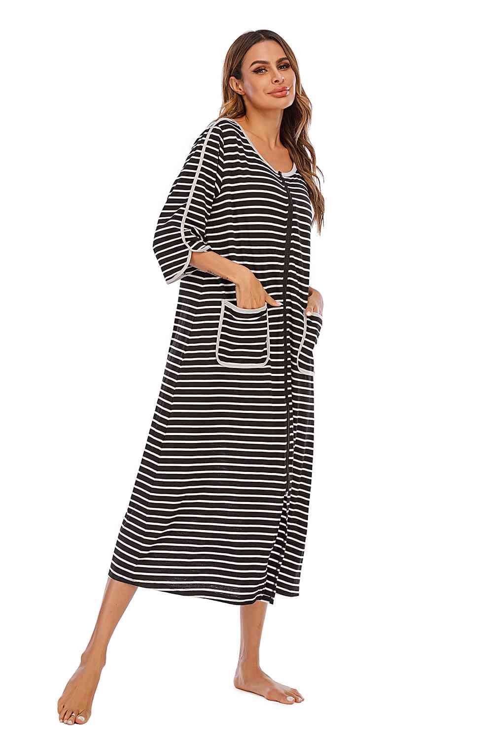 Round Neck Three-Quarter Sleeve Midi Night Dress BLUE ZONE PLANET