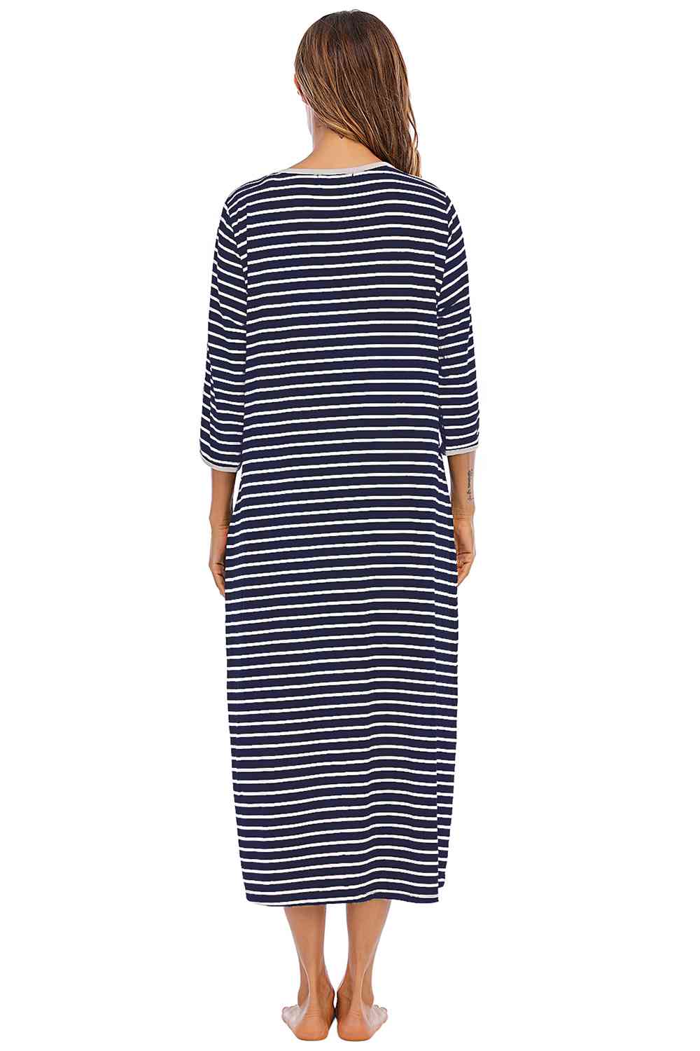 Round Neck Three-Quarter Sleeve Midi Night Dress BLUE ZONE PLANET