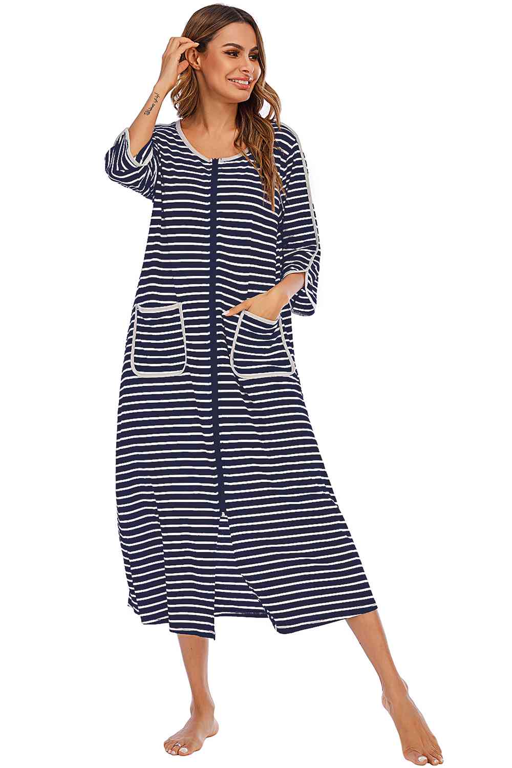 Round Neck Three-Quarter Sleeve Midi Night Dress BLUE ZONE PLANET