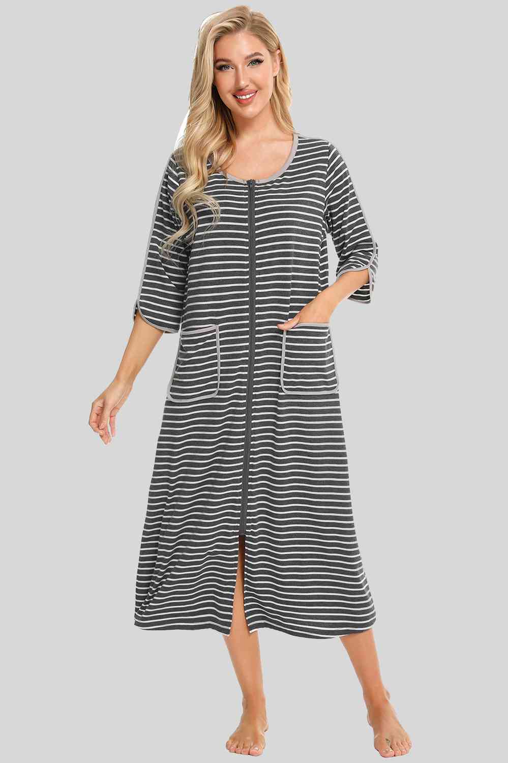 Round Neck Three-Quarter Sleeve Midi Night Dress BLUE ZONE PLANET