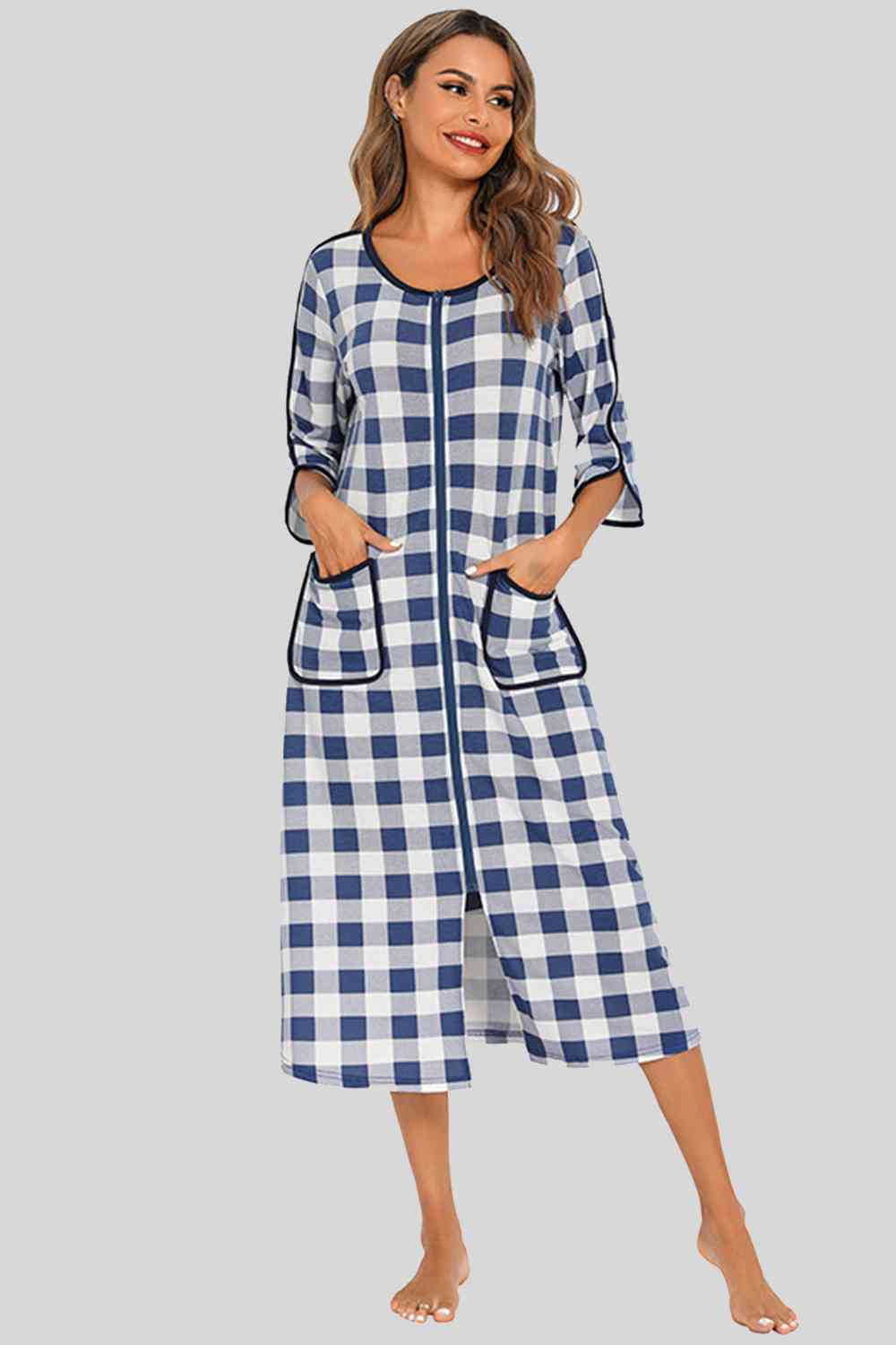 Round Neck Three-Quarter Sleeve Midi Night Dress BLUE ZONE PLANET