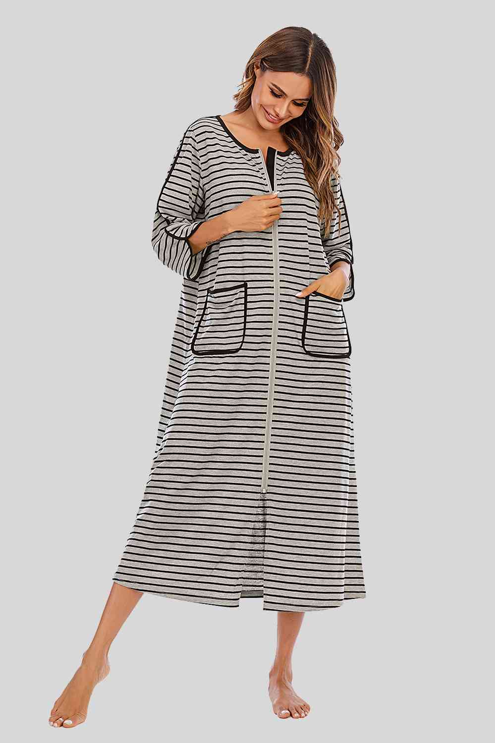 Round Neck Three-Quarter Sleeve Midi Night Dress BLUE ZONE PLANET