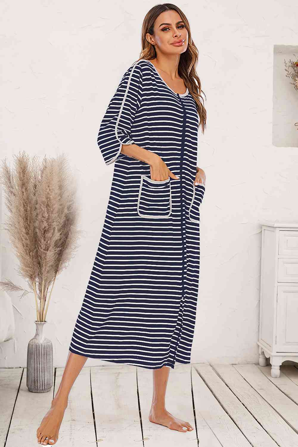 Round Neck Three-Quarter Sleeve Midi Night Dress BLUE ZONE PLANET