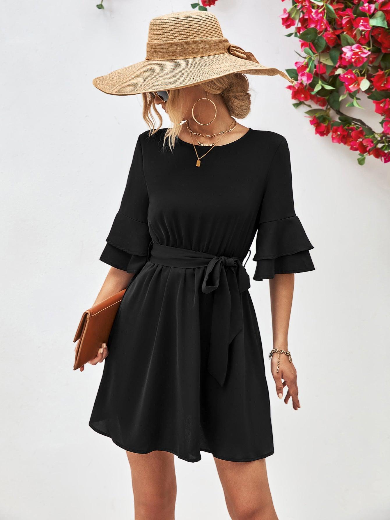 Round Neck Tie Belt Flounce Sleeve Dress BLUE ZONE PLANET