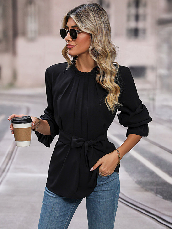 Round Neck Tie Waist Long Sleeve Blouse BLUE ZONE PLANET