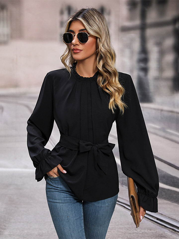 Round Neck Tie Waist Long Sleeve Blouse BLUE ZONE PLANET