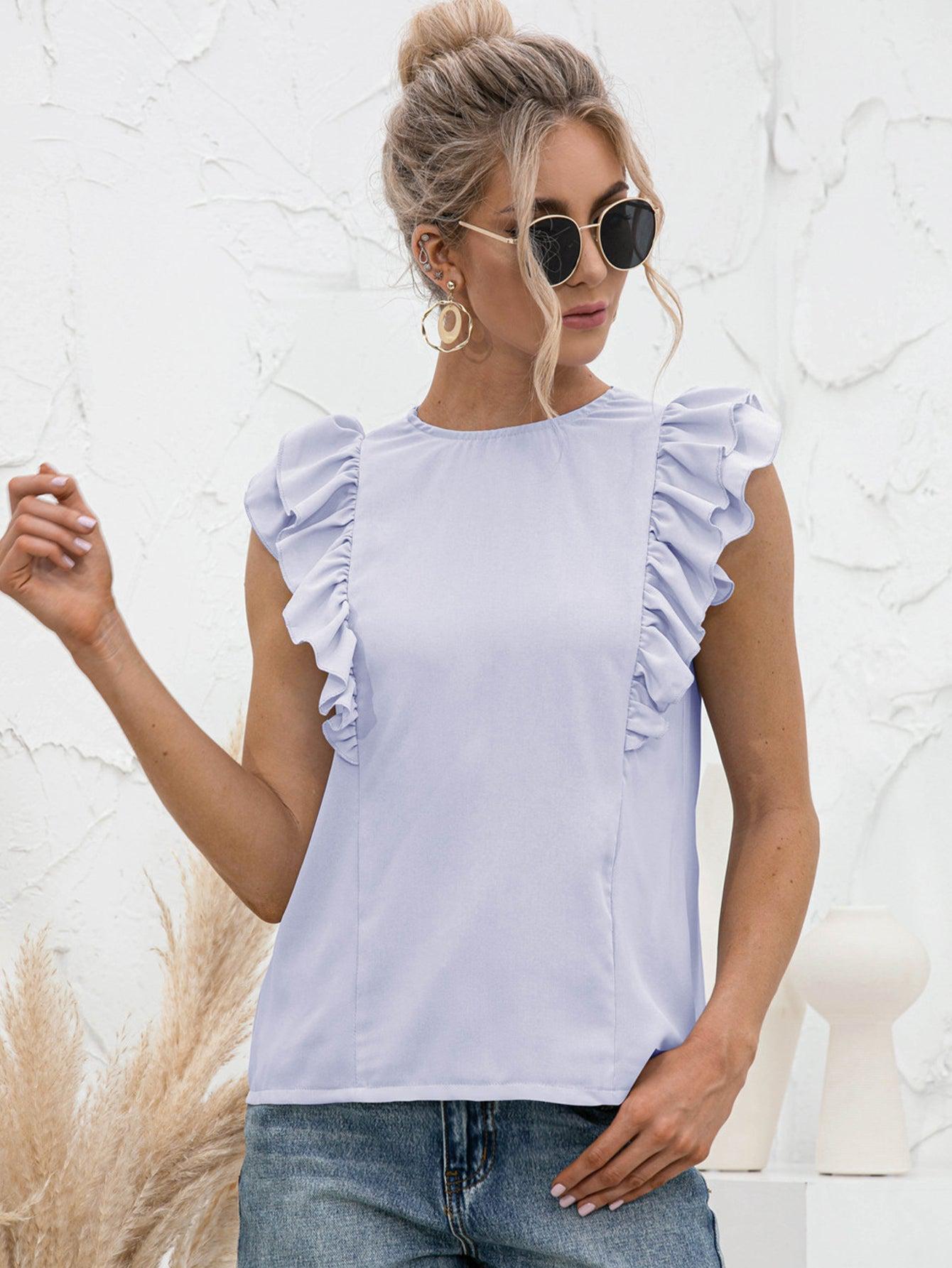 Round Neck Tied Open Back Flutter Sleeve Top BLUE ZONE PLANET