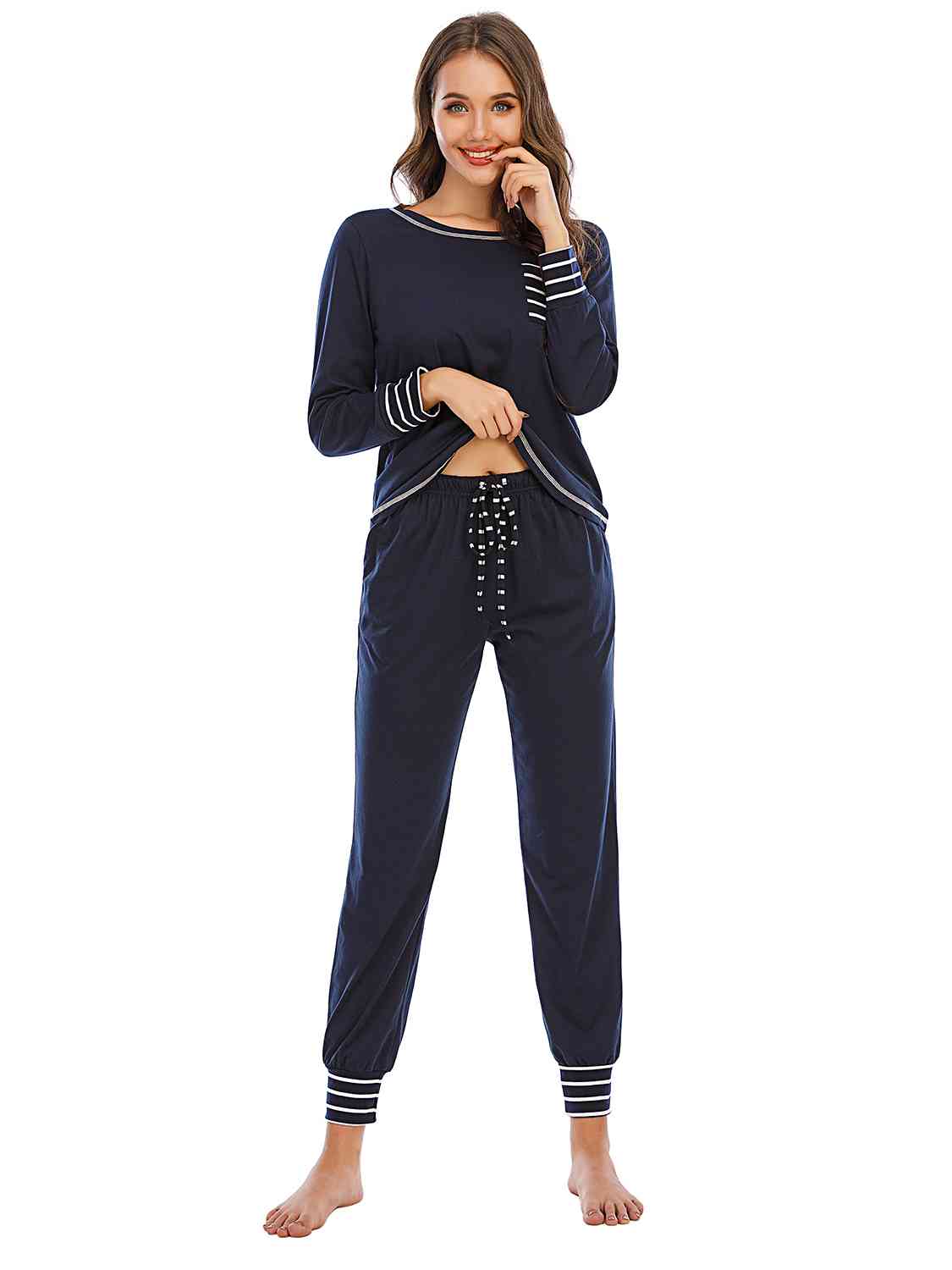 Round Neck Top and Pants Lounge Set BLUE ZONE PLANET