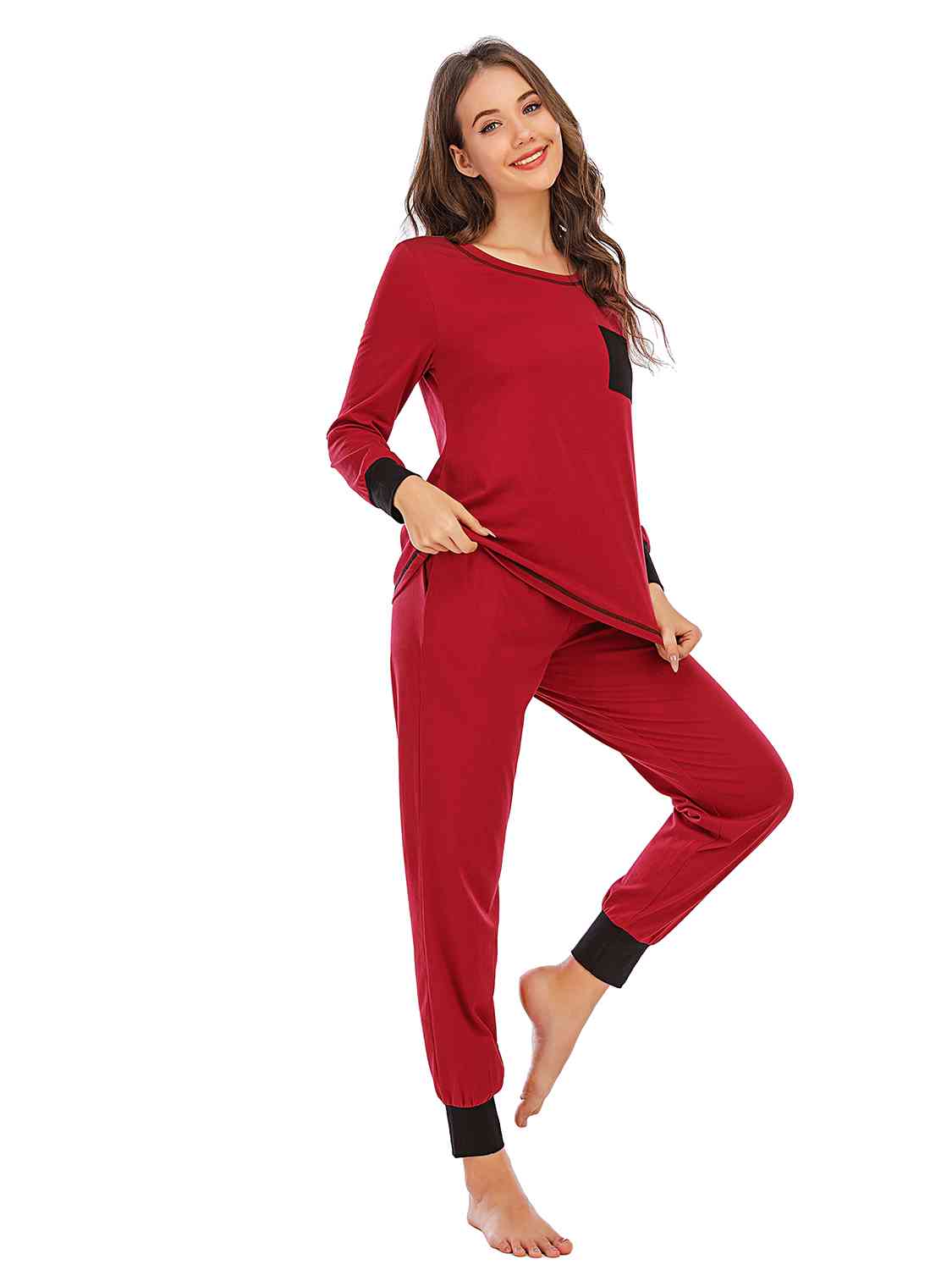 Round Neck Top and Pants Lounge Set BLUE ZONE PLANET