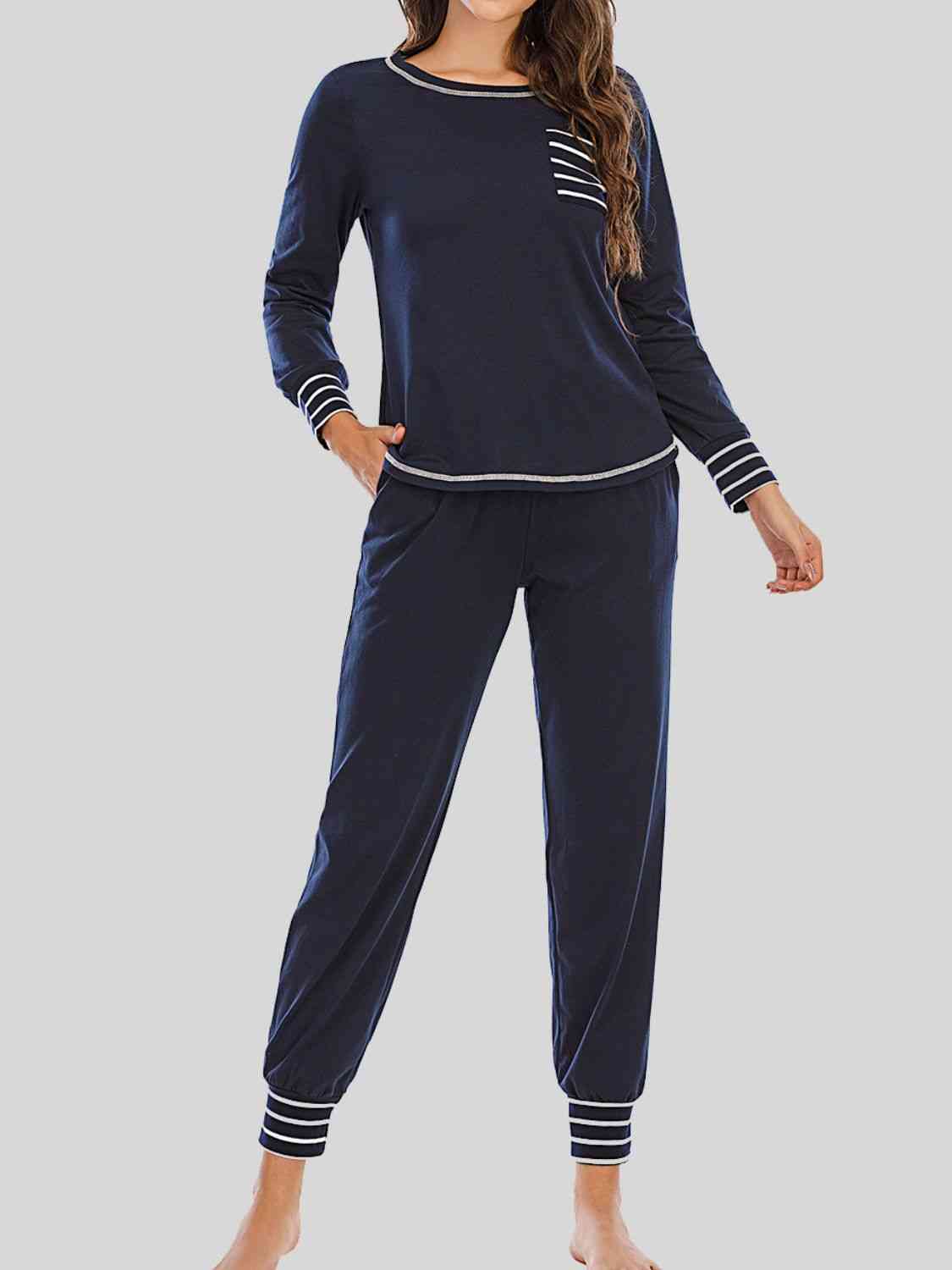 Round Neck Top and Pants Lounge Set BLUE ZONE PLANET