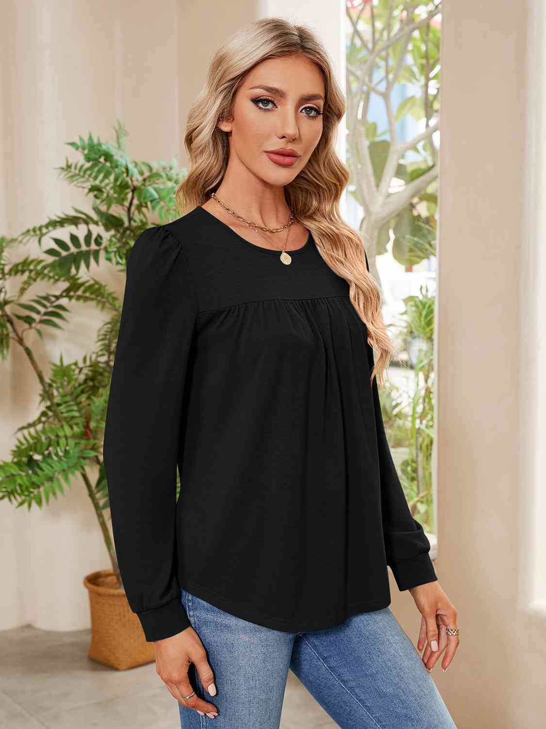 Ruched Round Neck Long Sleeve Blouse BLUE ZONE PLANET