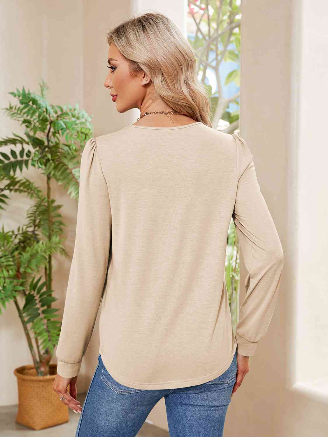 Ruched Round Neck Long Sleeve Blouse BLUE ZONE PLANET