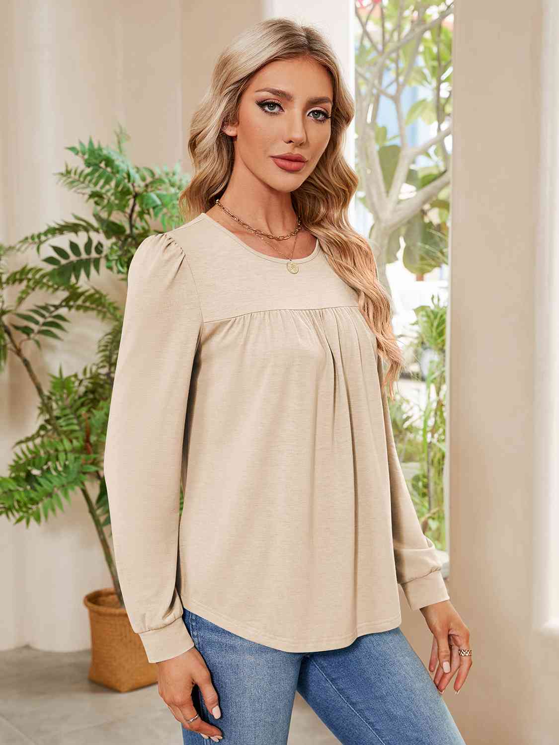 Ruched Round Neck Long Sleeve Blouse BLUE ZONE PLANET