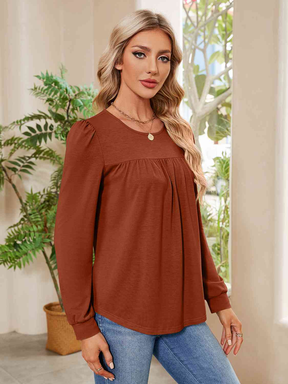 Ruched Round Neck Long Sleeve Blouse BLUE ZONE PLANET