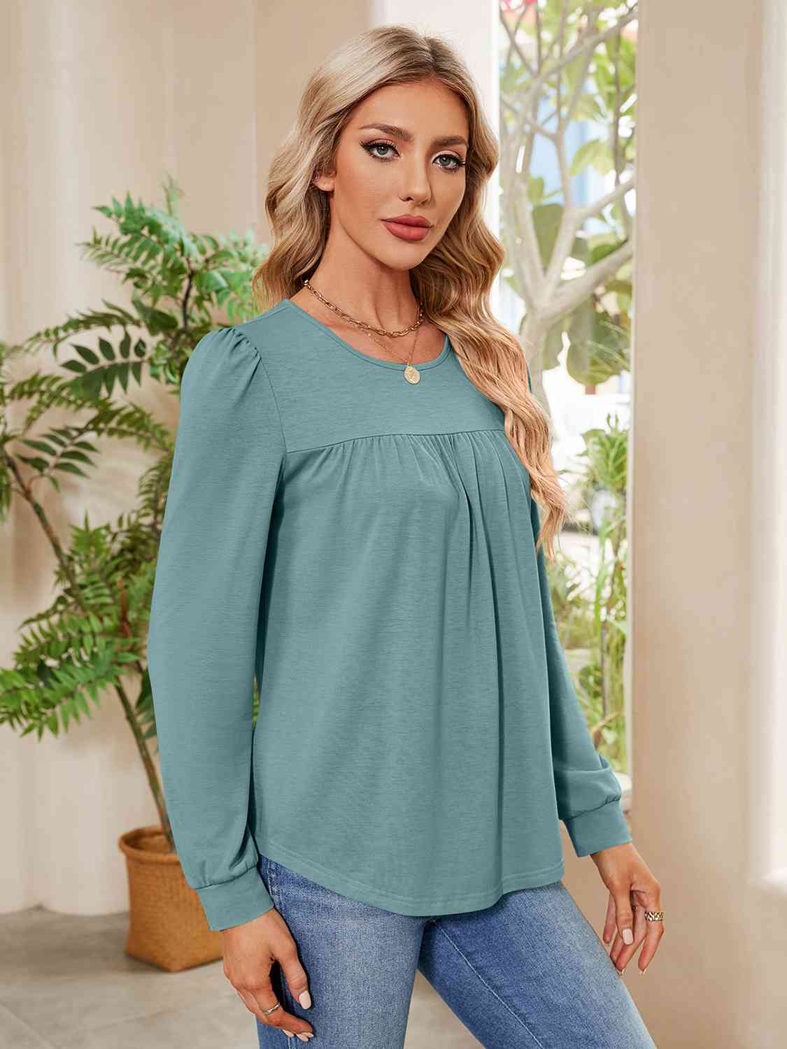 Ruched Round Neck Long Sleeve Blouse BLUE ZONE PLANET