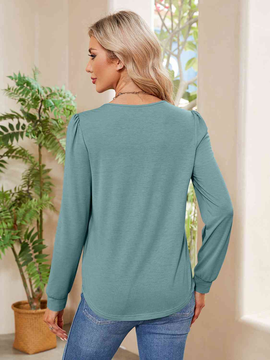 Ruched Round Neck Long Sleeve Blouse BLUE ZONE PLANET