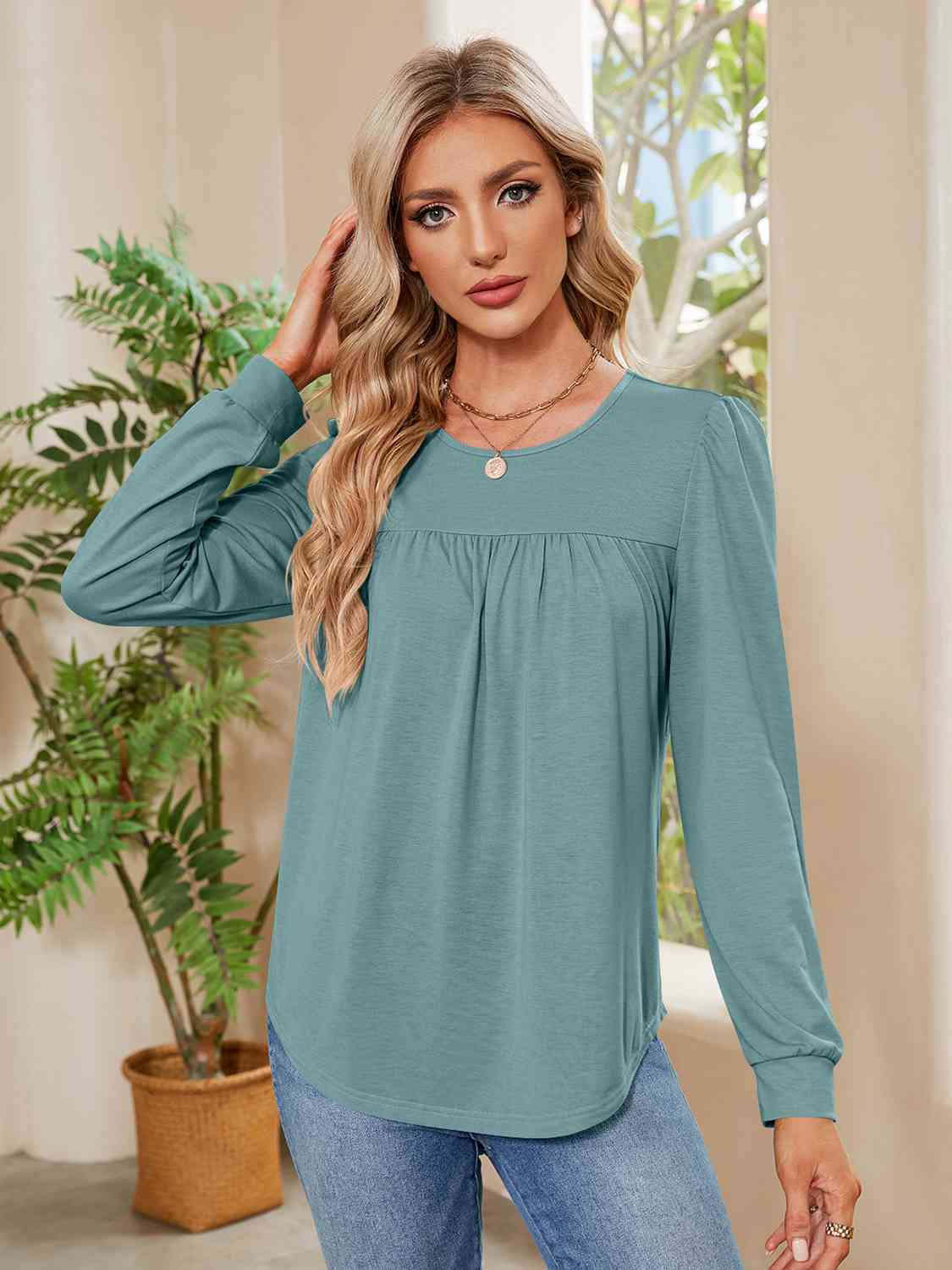 Ruched Round Neck Long Sleeve Blouse BLUE ZONE PLANET