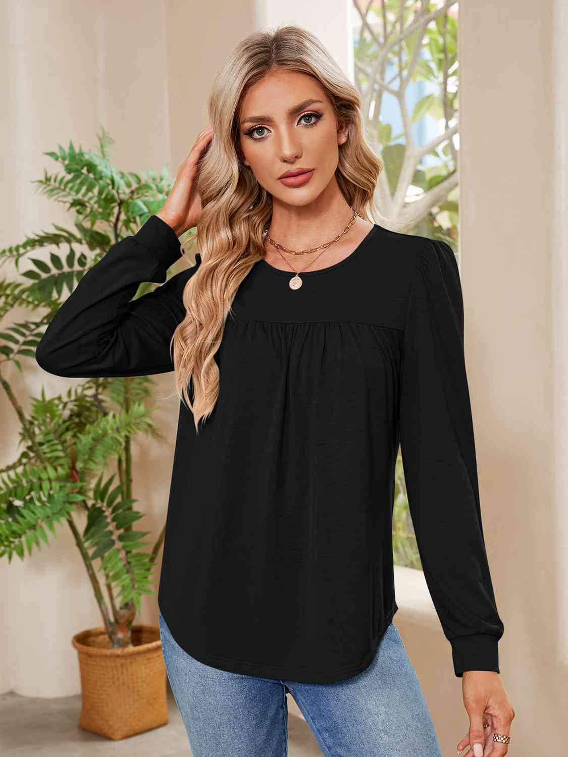 Ruched Round Neck Long Sleeve Blouse BLUE ZONE PLANET