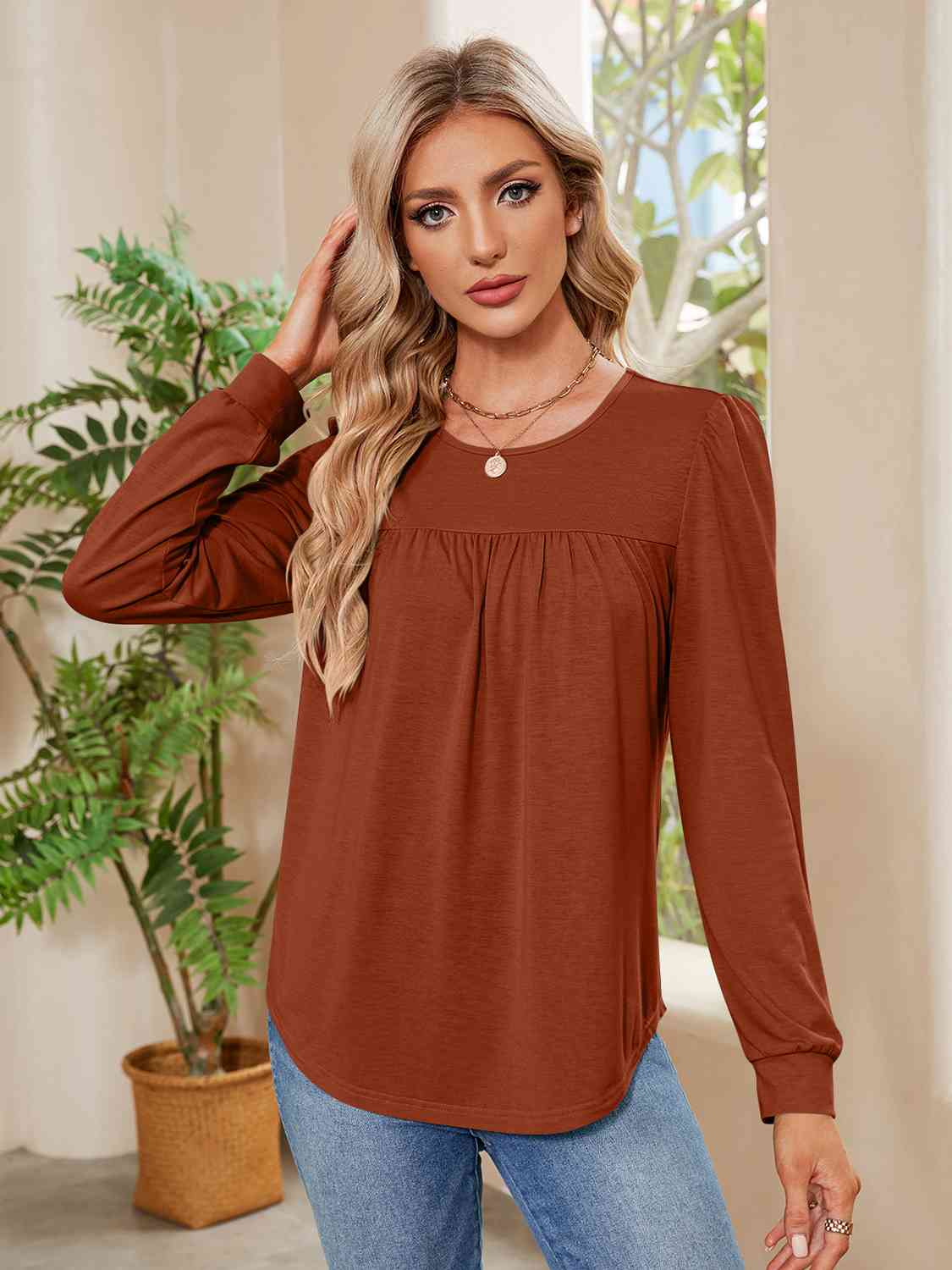 Ruched Round Neck Long Sleeve Blouse BLUE ZONE PLANET