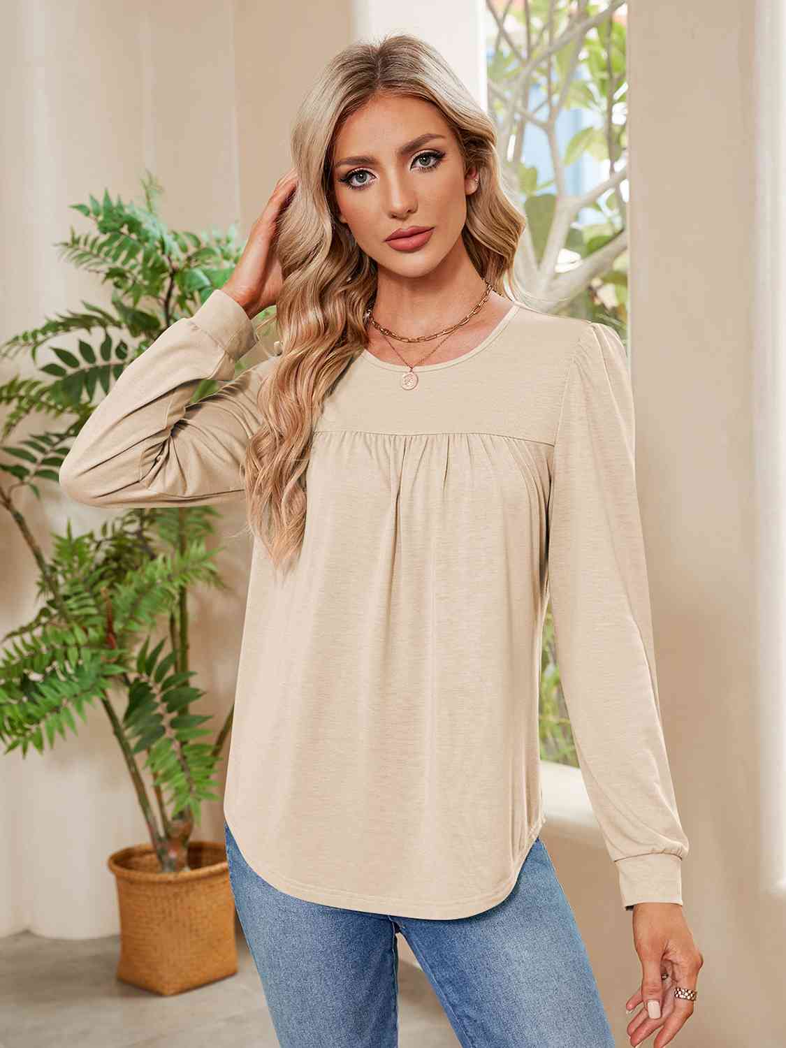 Ruched Round Neck Long Sleeve Blouse BLUE ZONE PLANET