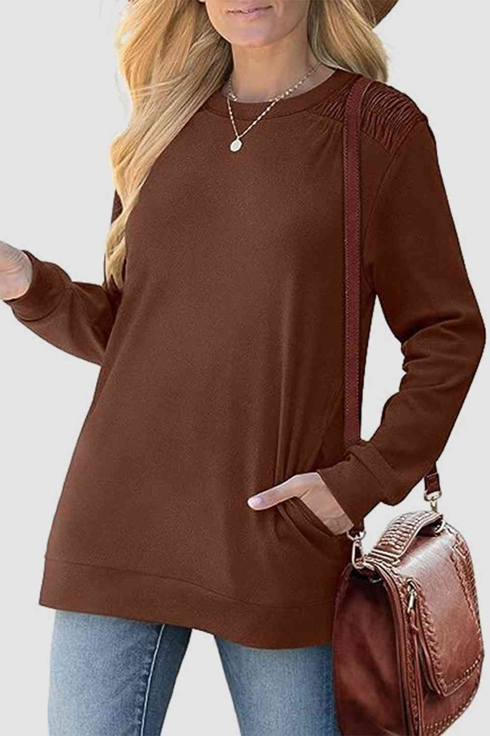 Ruched Round Neck Sweatshirt BLUE ZONE PLANET