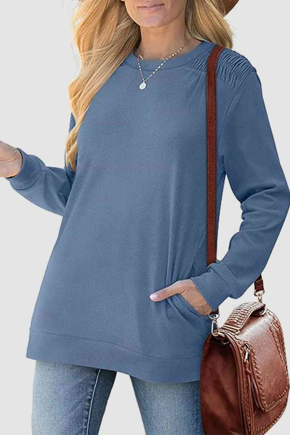 Ruched Round Neck Sweatshirt BLUE ZONE PLANET