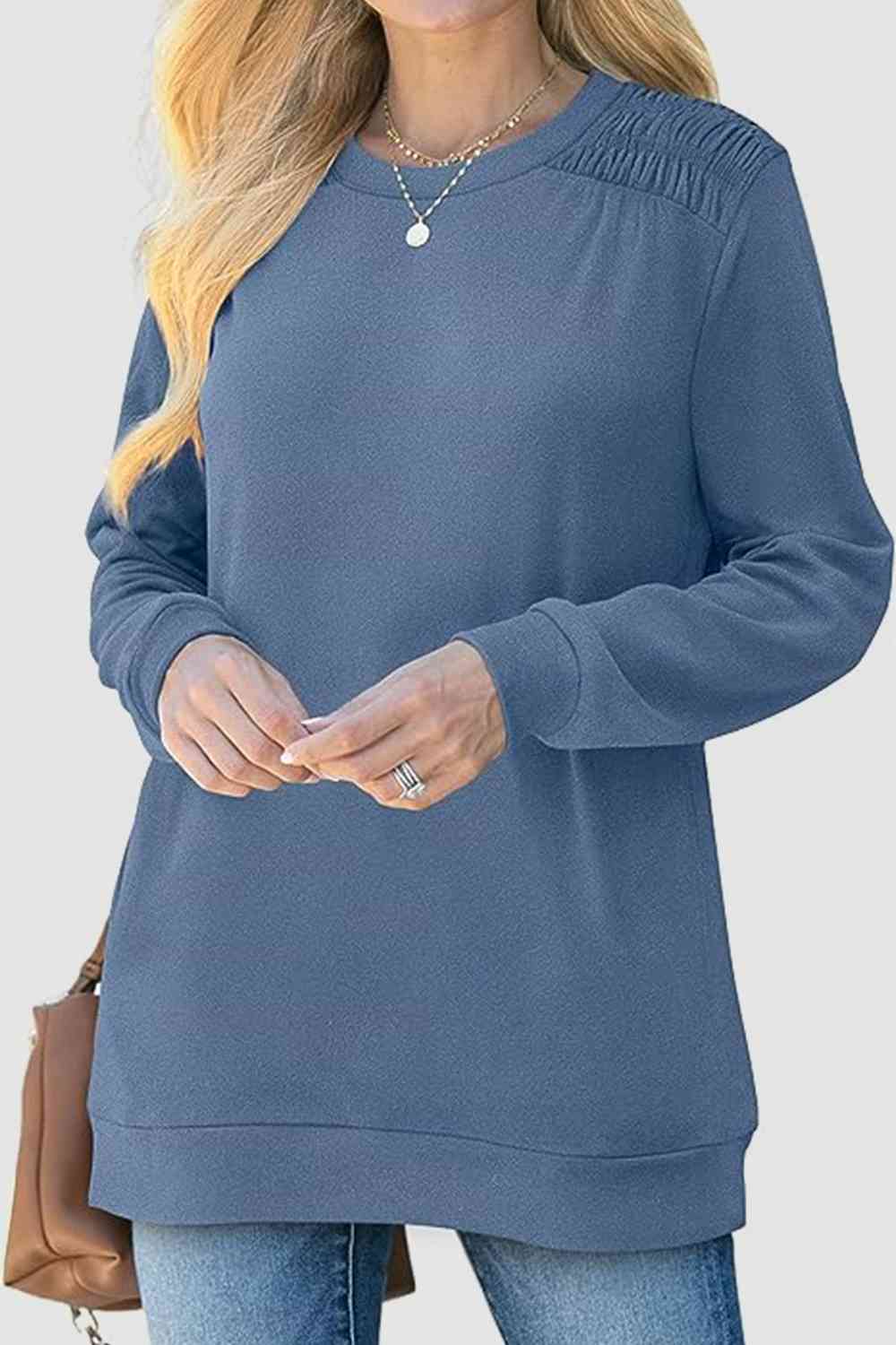 Ruched Round Neck Sweatshirt BLUE ZONE PLANET