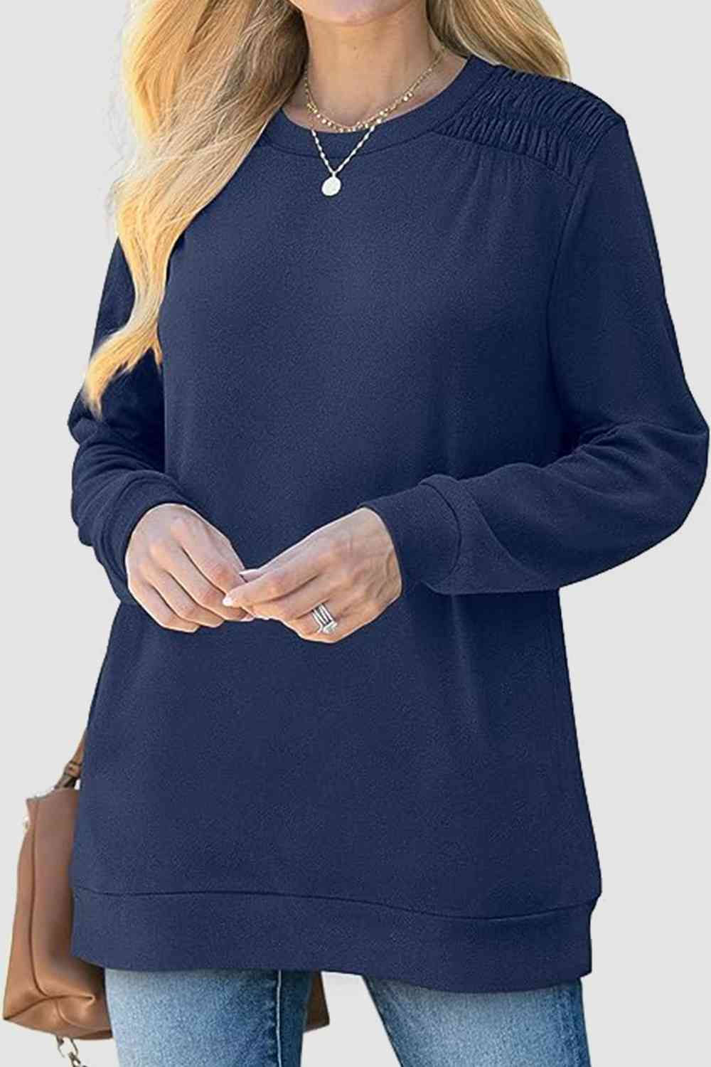 Ruched Round Neck Sweatshirt BLUE ZONE PLANET