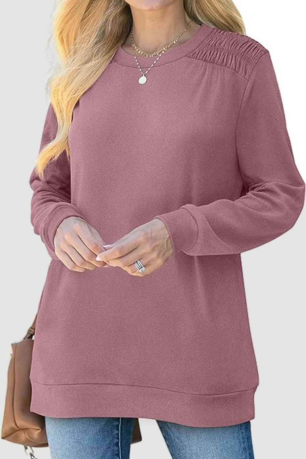 Ruched Round Neck Sweatshirt BLUE ZONE PLANET