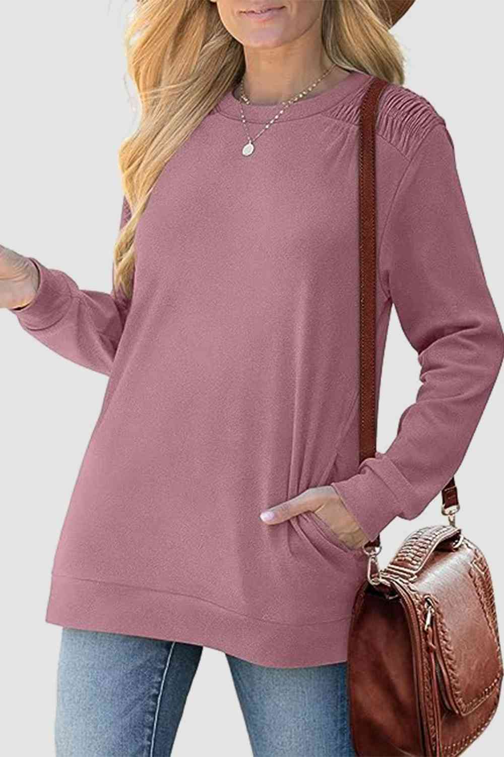 Ruched Round Neck Sweatshirt BLUE ZONE PLANET