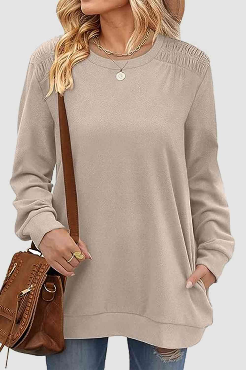 Ruched Round Neck Sweatshirt BLUE ZONE PLANET