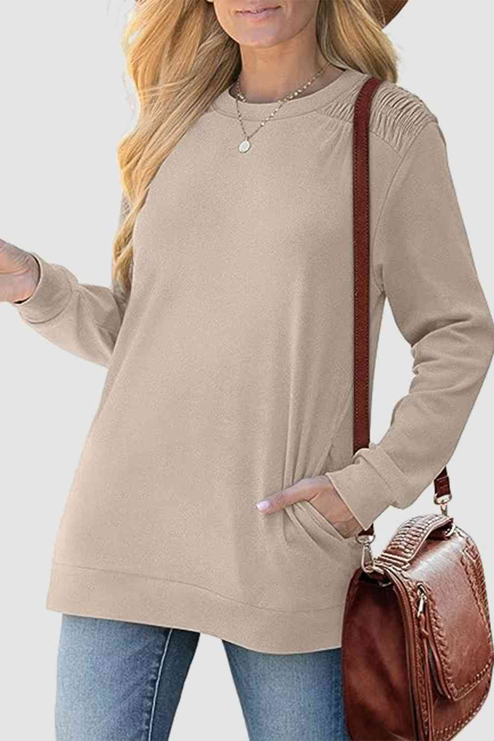 Ruched Round Neck Sweatshirt BLUE ZONE PLANET