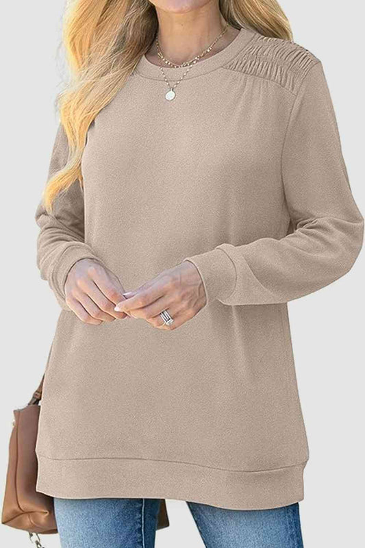 Ruched Round Neck Sweatshirt BLUE ZONE PLANET