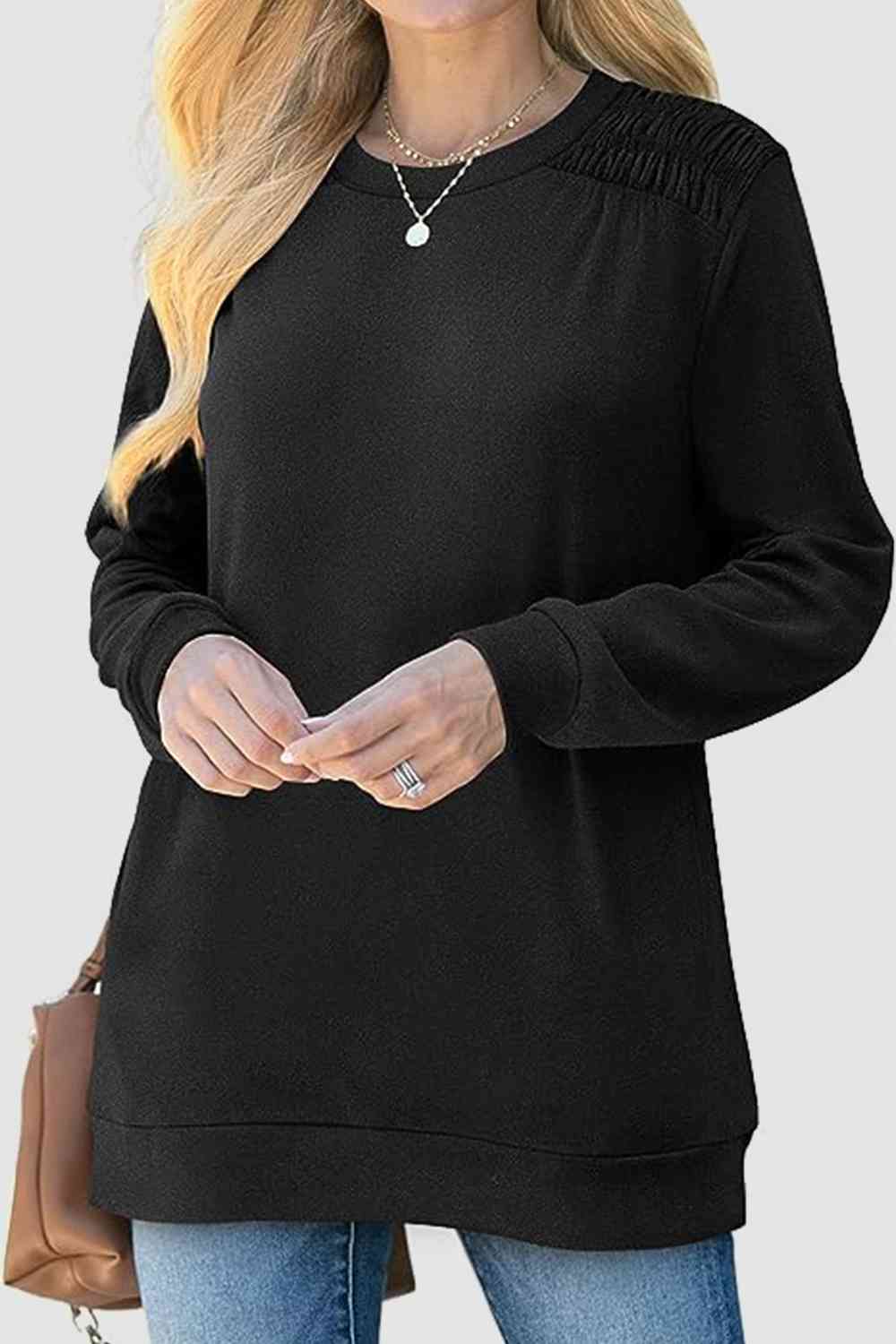 Ruched Round Neck Sweatshirt BLUE ZONE PLANET