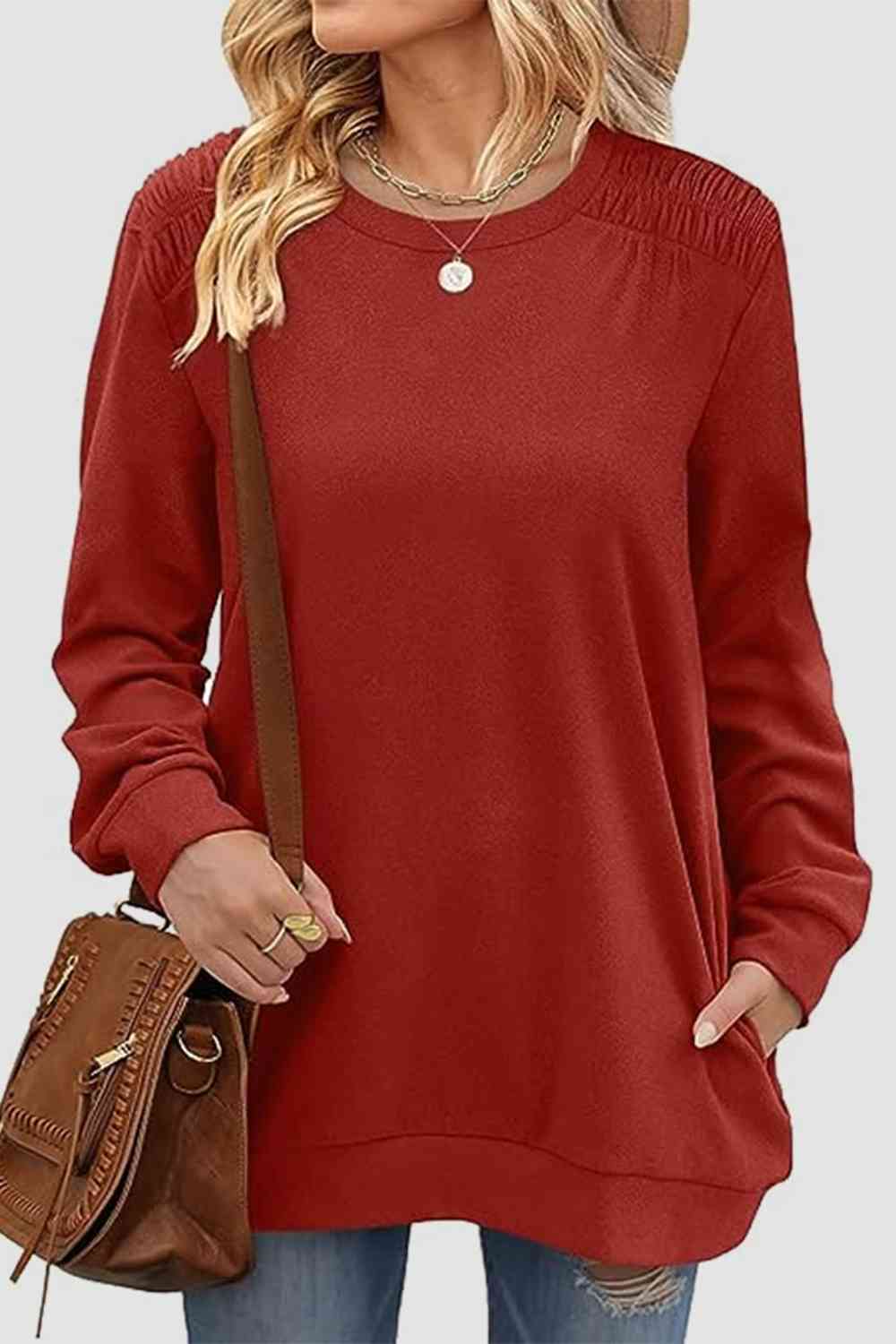 Ruched Round Neck Sweatshirt BLUE ZONE PLANET