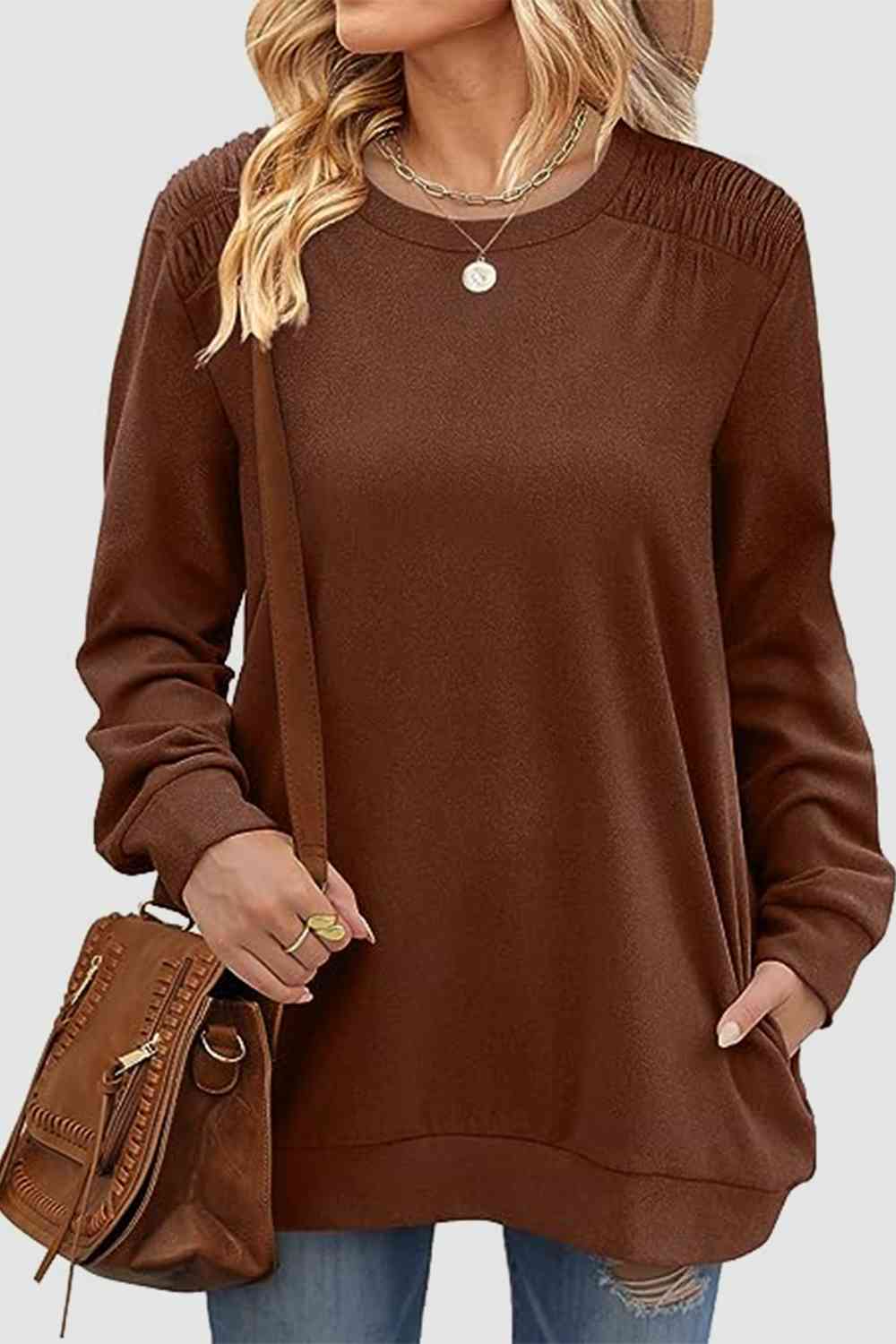 Ruched Round Neck Sweatshirt BLUE ZONE PLANET