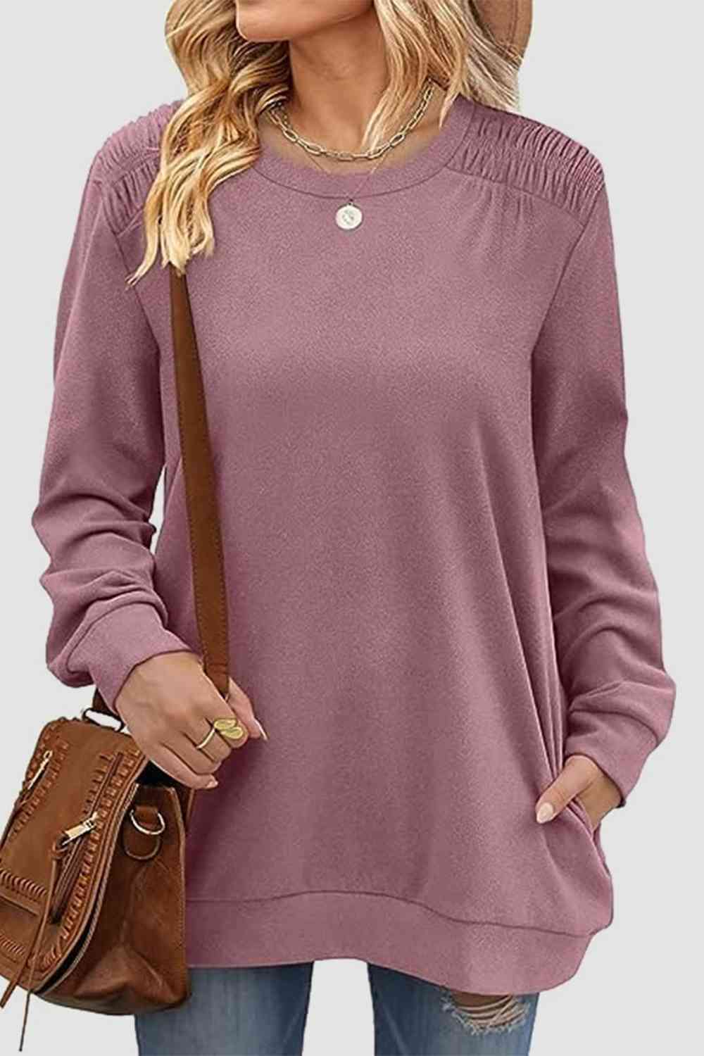 Ruched Round Neck Sweatshirt BLUE ZONE PLANET