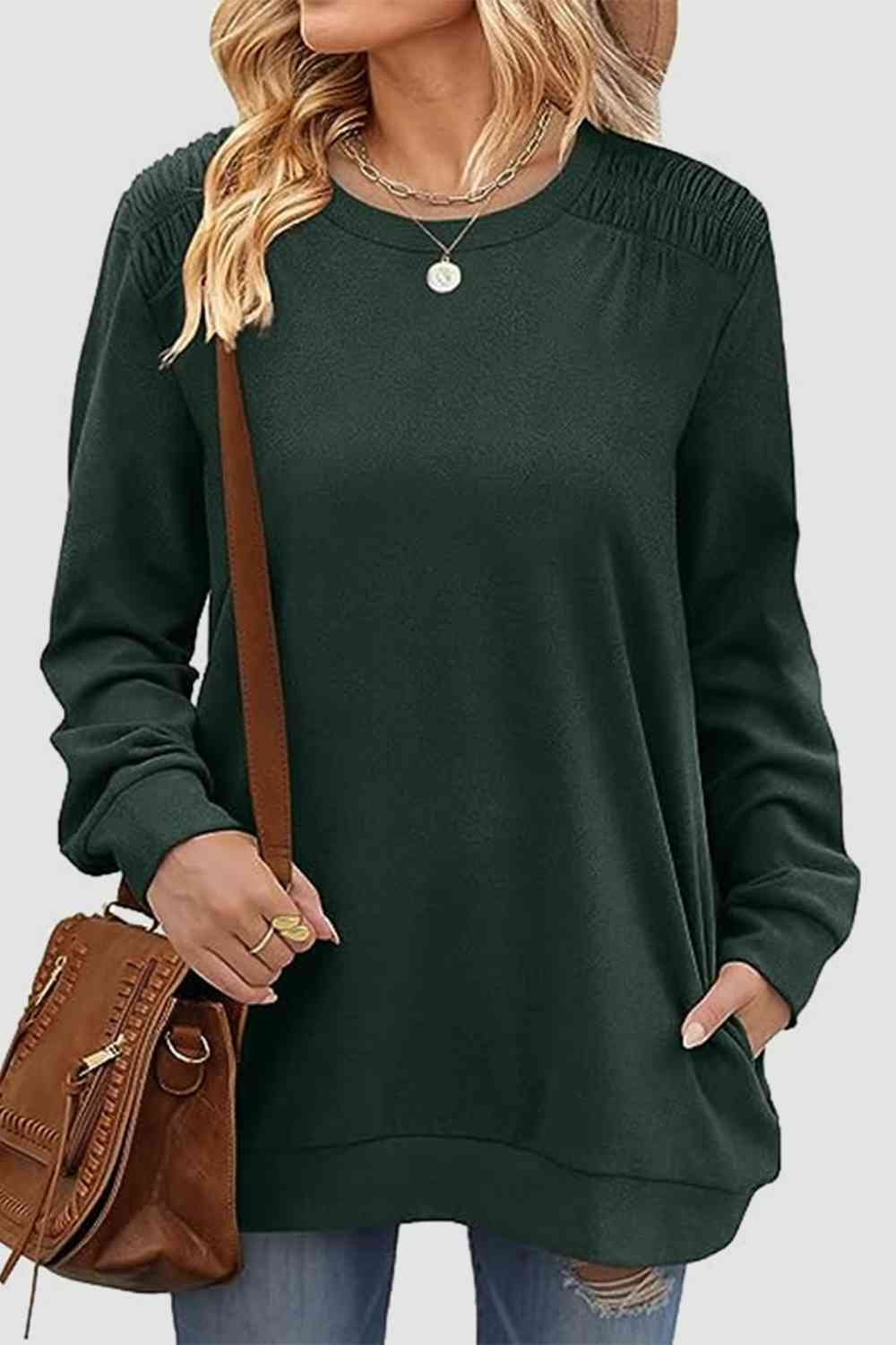 Ruched Round Neck Sweatshirt BLUE ZONE PLANET