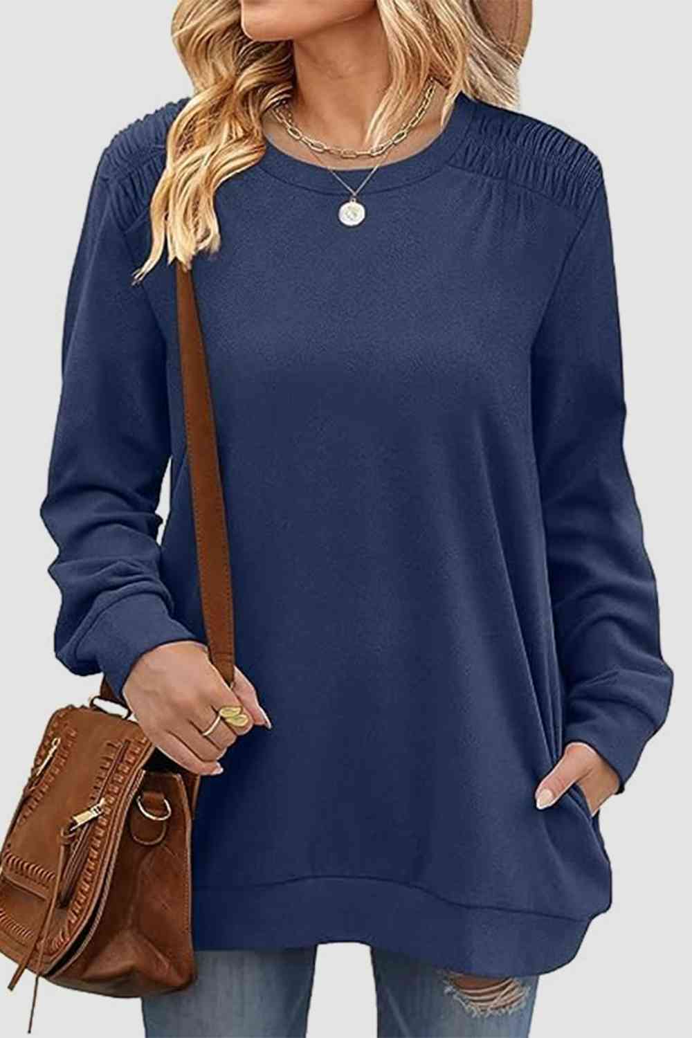 Ruched Round Neck Sweatshirt BLUE ZONE PLANET