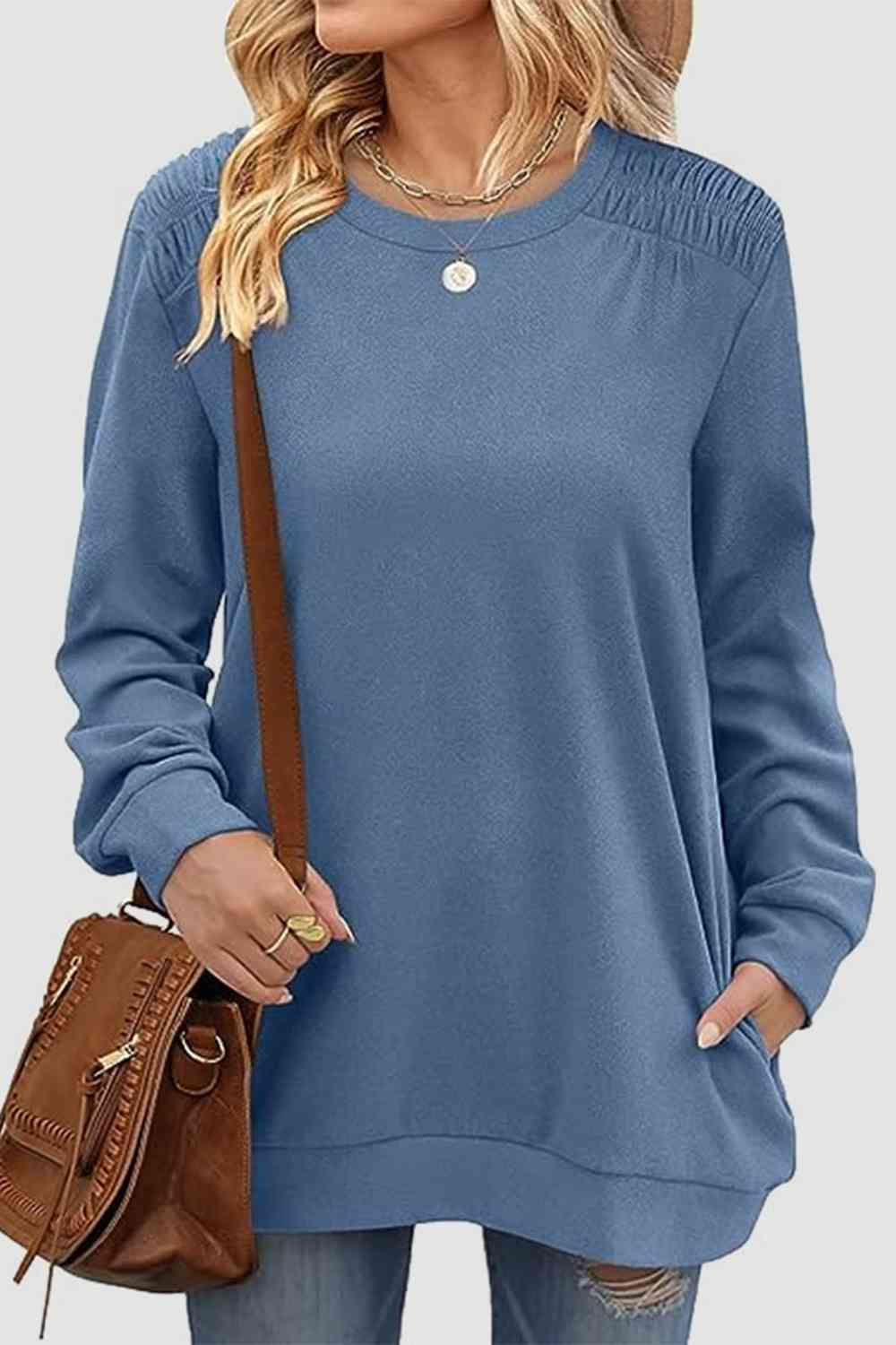 Ruched Round Neck Sweatshirt BLUE ZONE PLANET