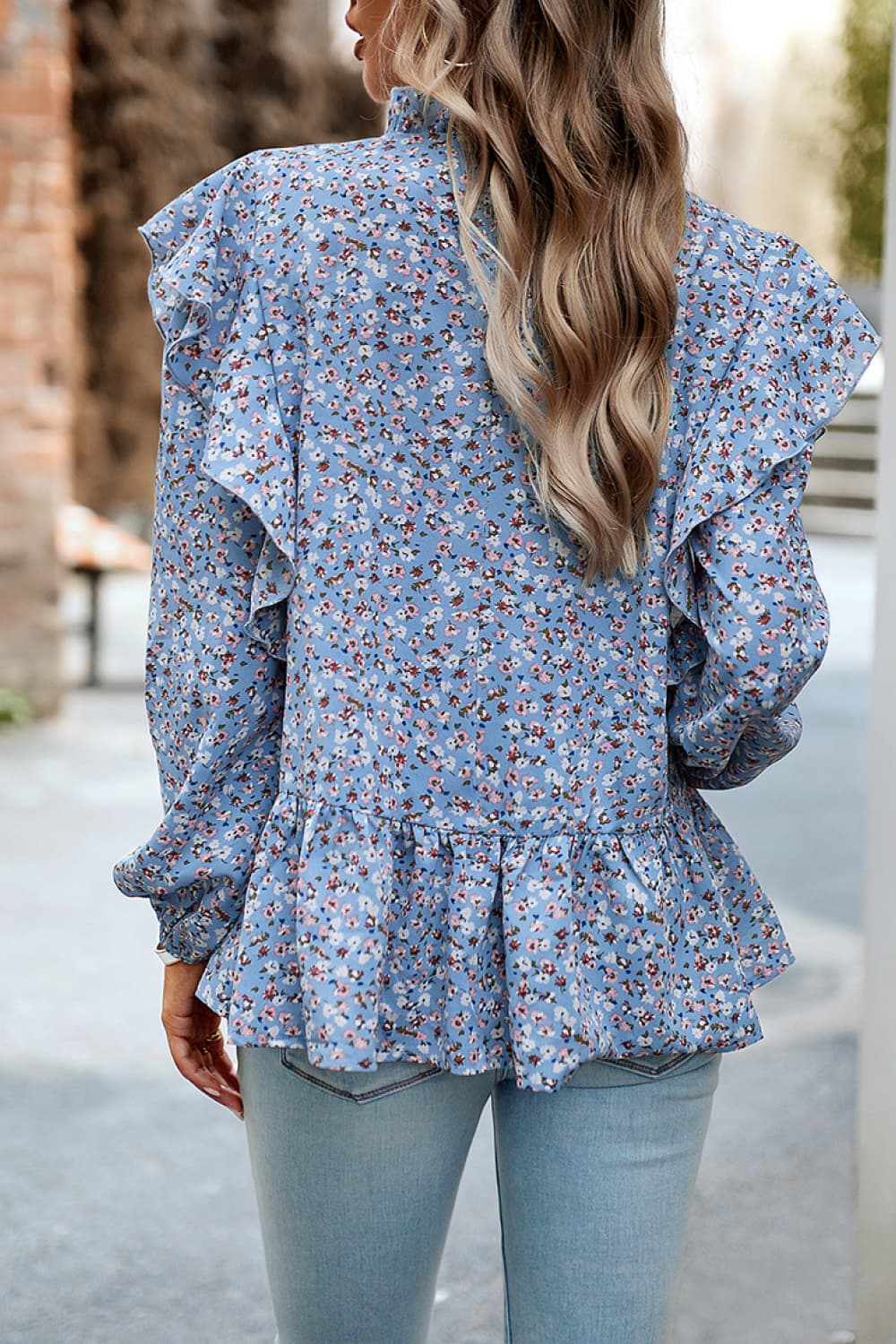 Ruffle Collar Long Sleeve Peplum Top BLUE ZONE PLANET