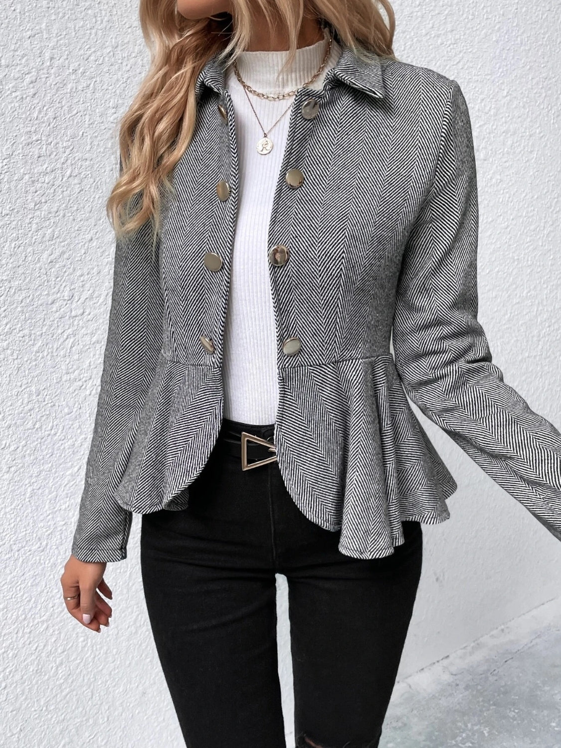 Ruffle Hem Collared Blazer BLUE ZONE PLANET