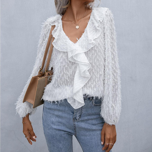 Ruffle Hem Fringe V-Neck Balloon Sleeve Blouse BLUE ZONE PLANET