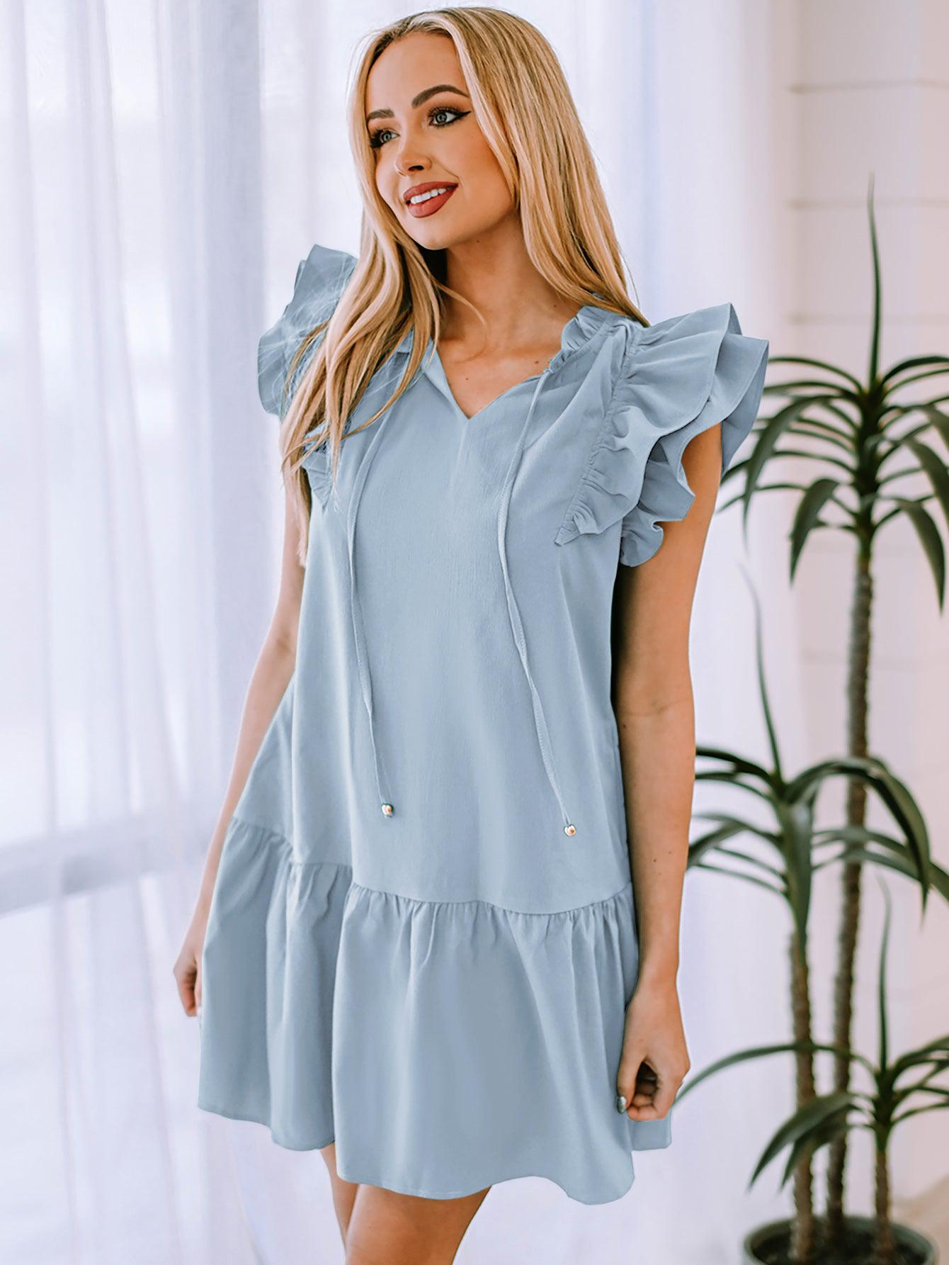 Ruffle Shoulder Tie-Neck Tiered Dress BLUE ZONE PLANET