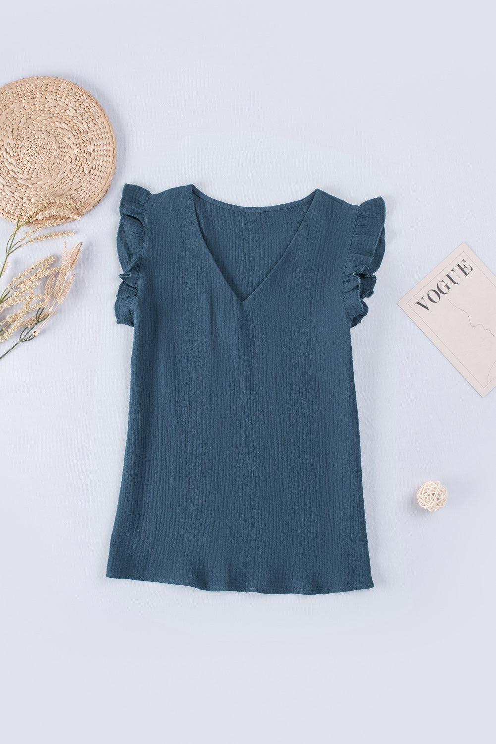 Ruffle Shoulder V-Neck Top BLUE ZONE PLANET