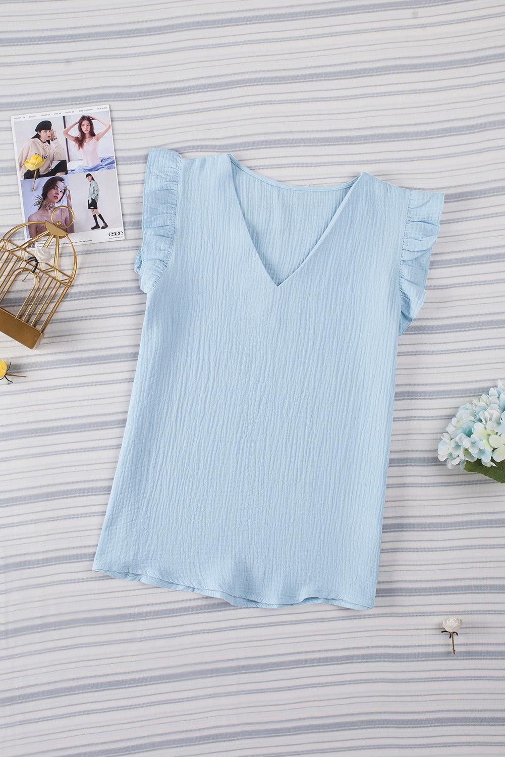 Ruffle Shoulder V-Neck Top BLUE ZONE PLANET