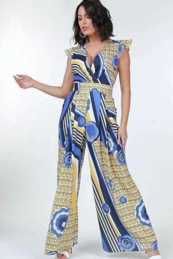 Ruffle Sleeve Surplice Jumpsuit Blue Zone Planet