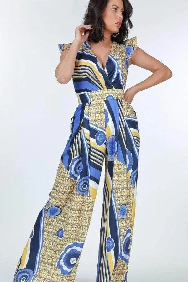 Ruffle Sleeve Surplice Jumpsuit Blue Zone Planet