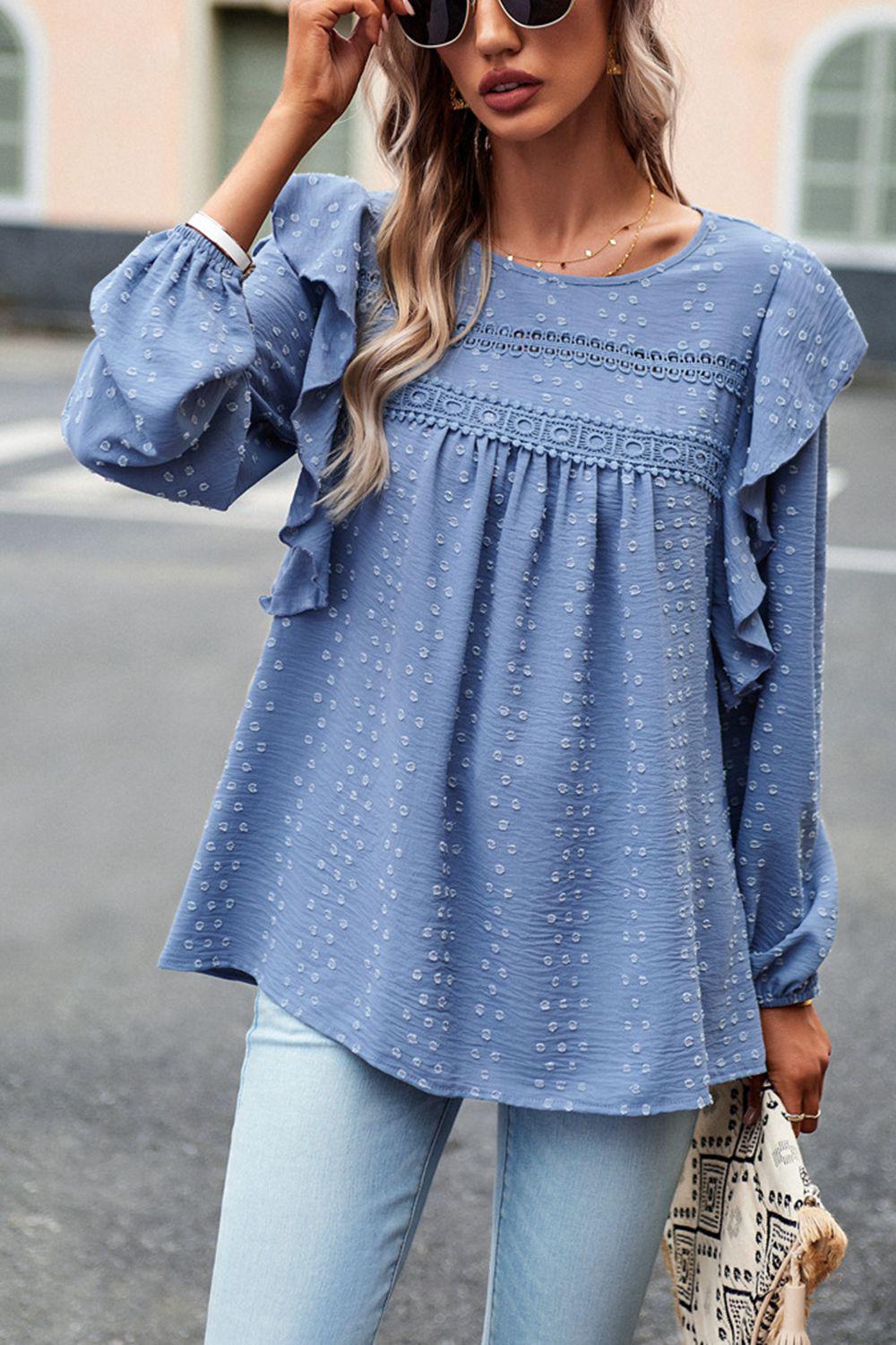 Ruffle Trim Balloon Sleeve Blouse BLUE ZONE PLANET