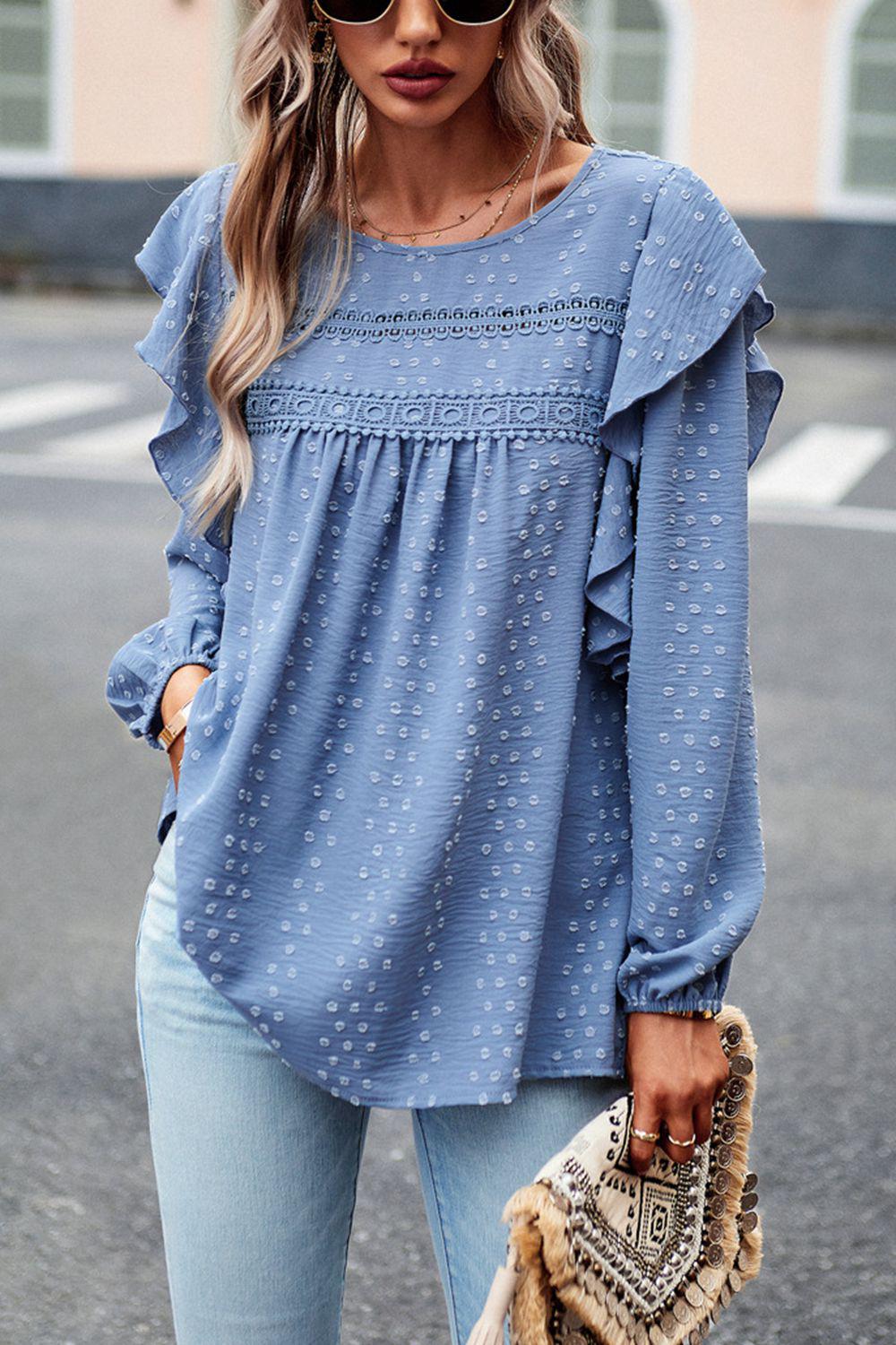 Ruffle Trim Balloon Sleeve Blouse BLUE ZONE PLANET